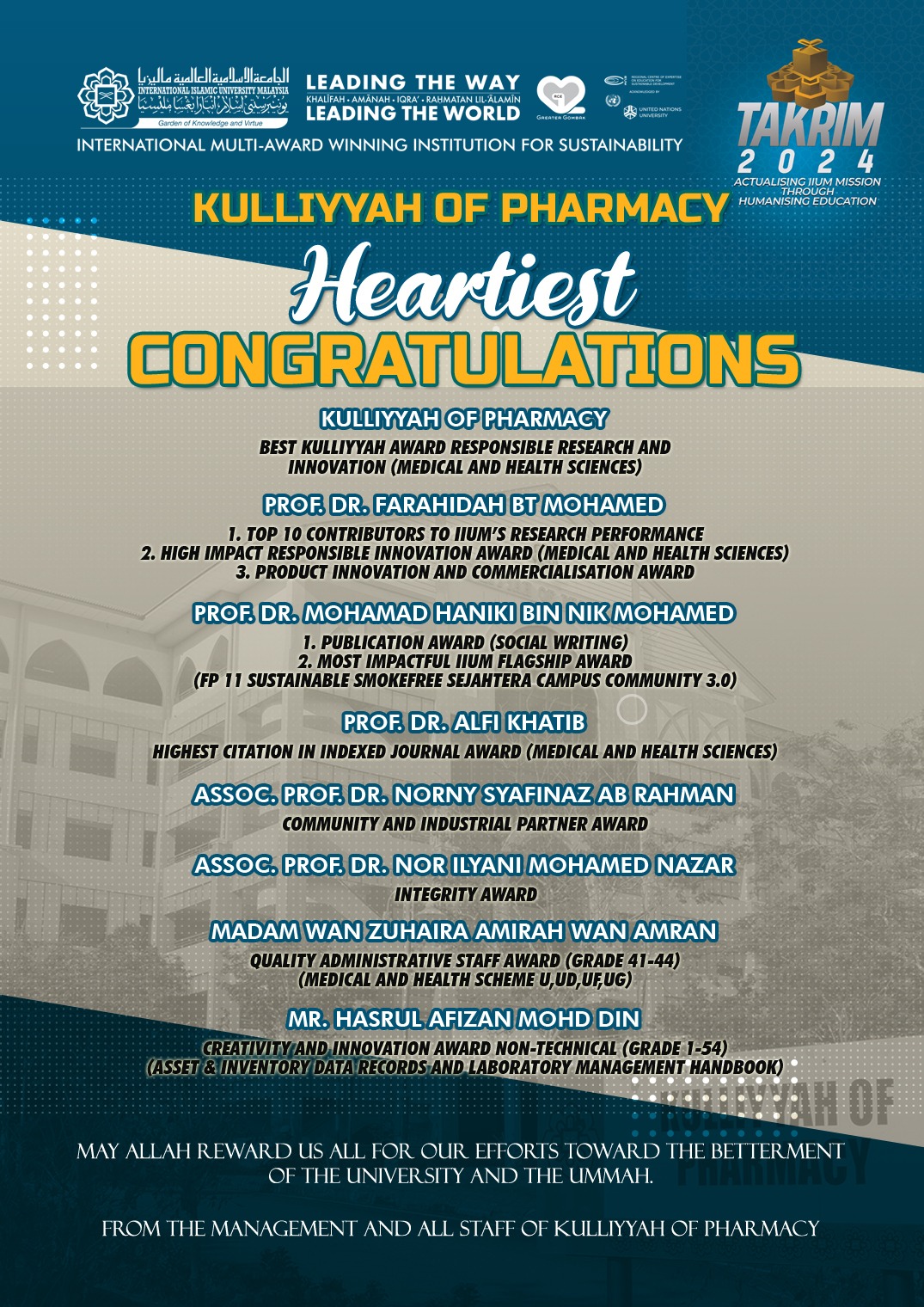 TAKRIM 2024 – Celebrating Excellence at the Kulliyyah of Pharmacy: Heartiest Congratulations to Our Achievers!